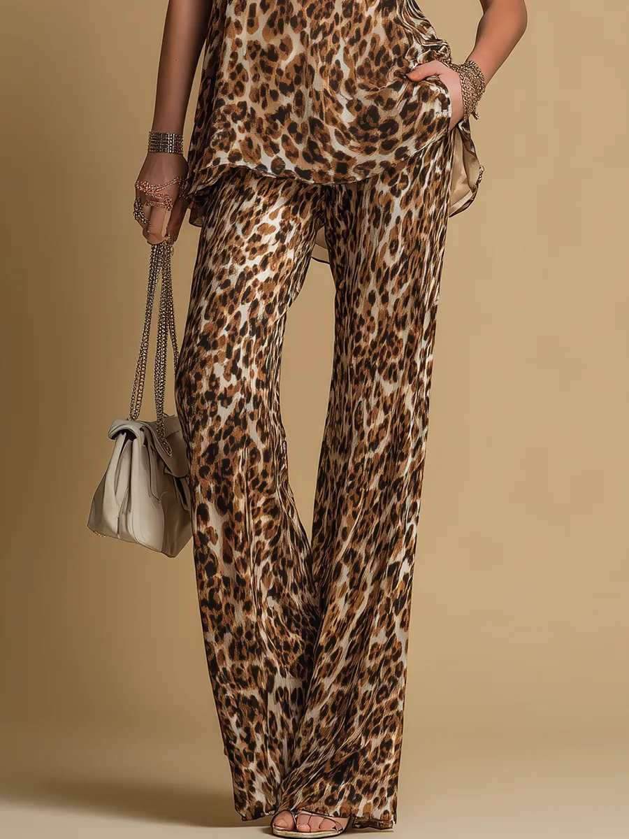Elegant And Stylish Vintage Leopard Print Sleeveless Chiffon Top And Flared Pants Set sold by Oyrosy product image thumbnail 4