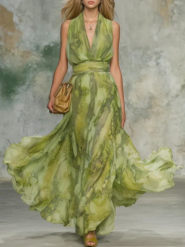 Vintage And Elegant Snake Print Chiffon Maxi Dress made by Oyrosy