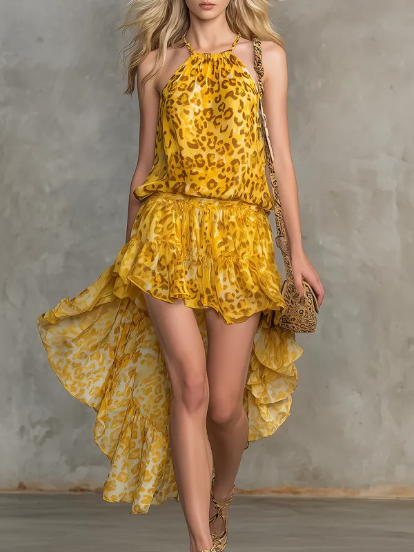 Elegant Vintage Leopard Print Halter-neck Sleeveless Chiffon Dress sold by Oyrosy