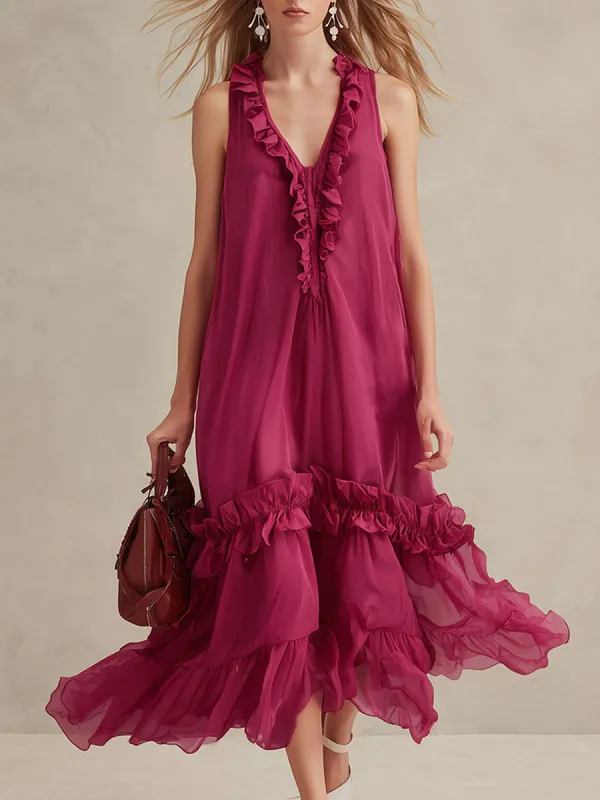 Casual Vacation Style Fuchsia Sleeveless V-neck Ruffle Midi Dress made by Oyrosy