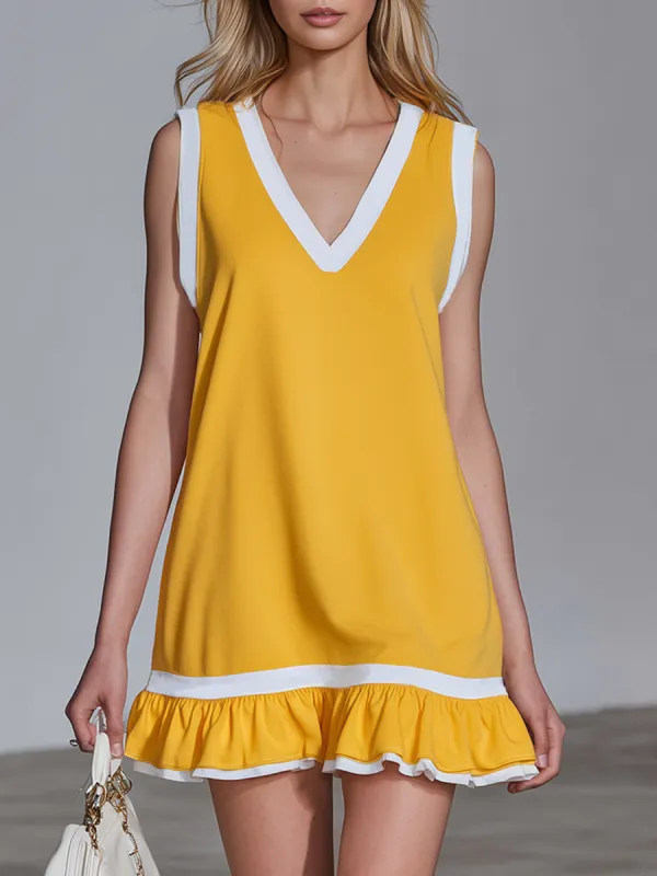 Casual Sporty V-neck Sleeveless Ruffle Mini Dress sold by Oyrosy