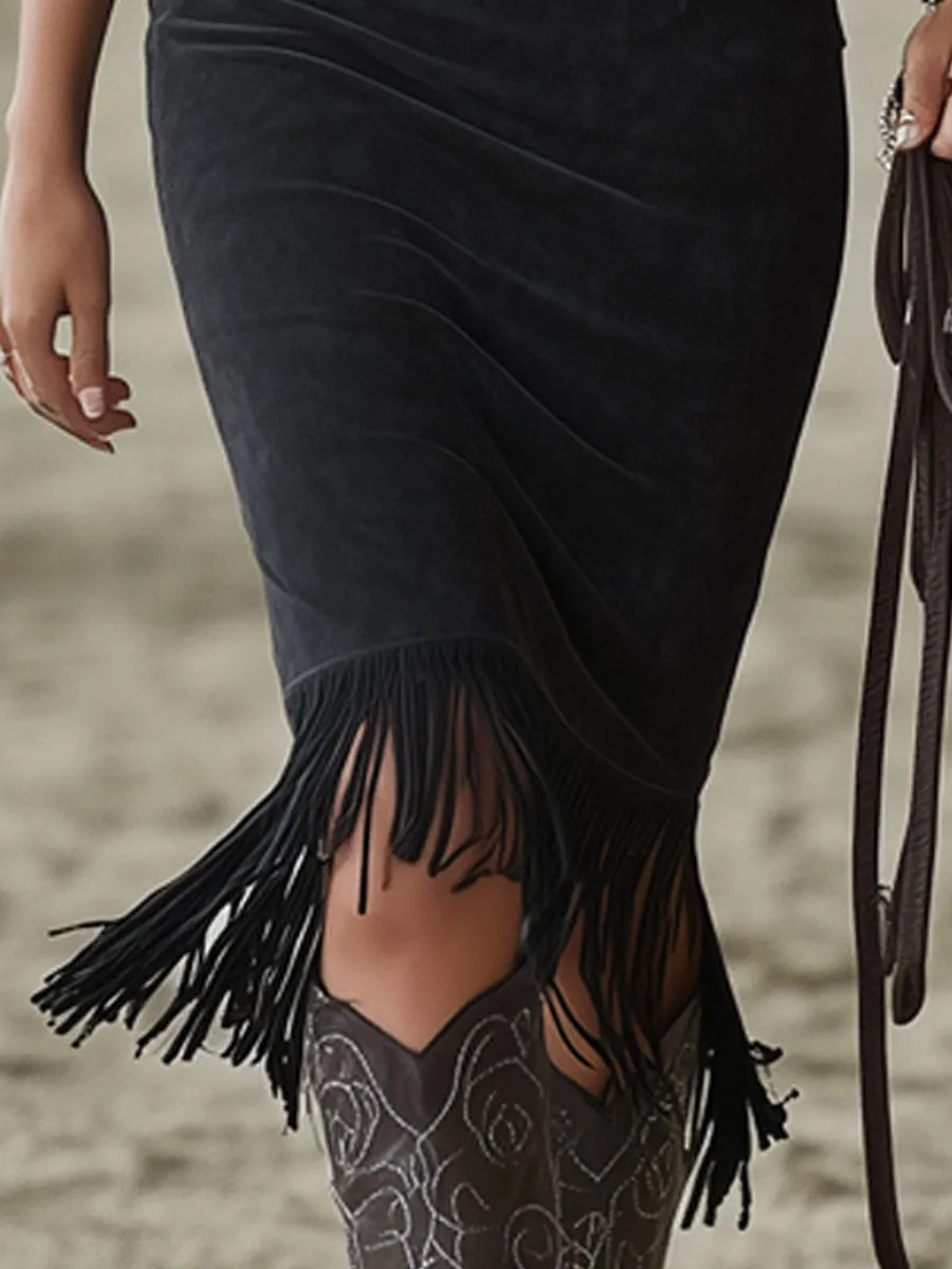 Western-style Retro Floral Embroidered Tassel Black Faux Suede Sleeveless Midi Dress sold by Oyrosy product image thumbnail 4