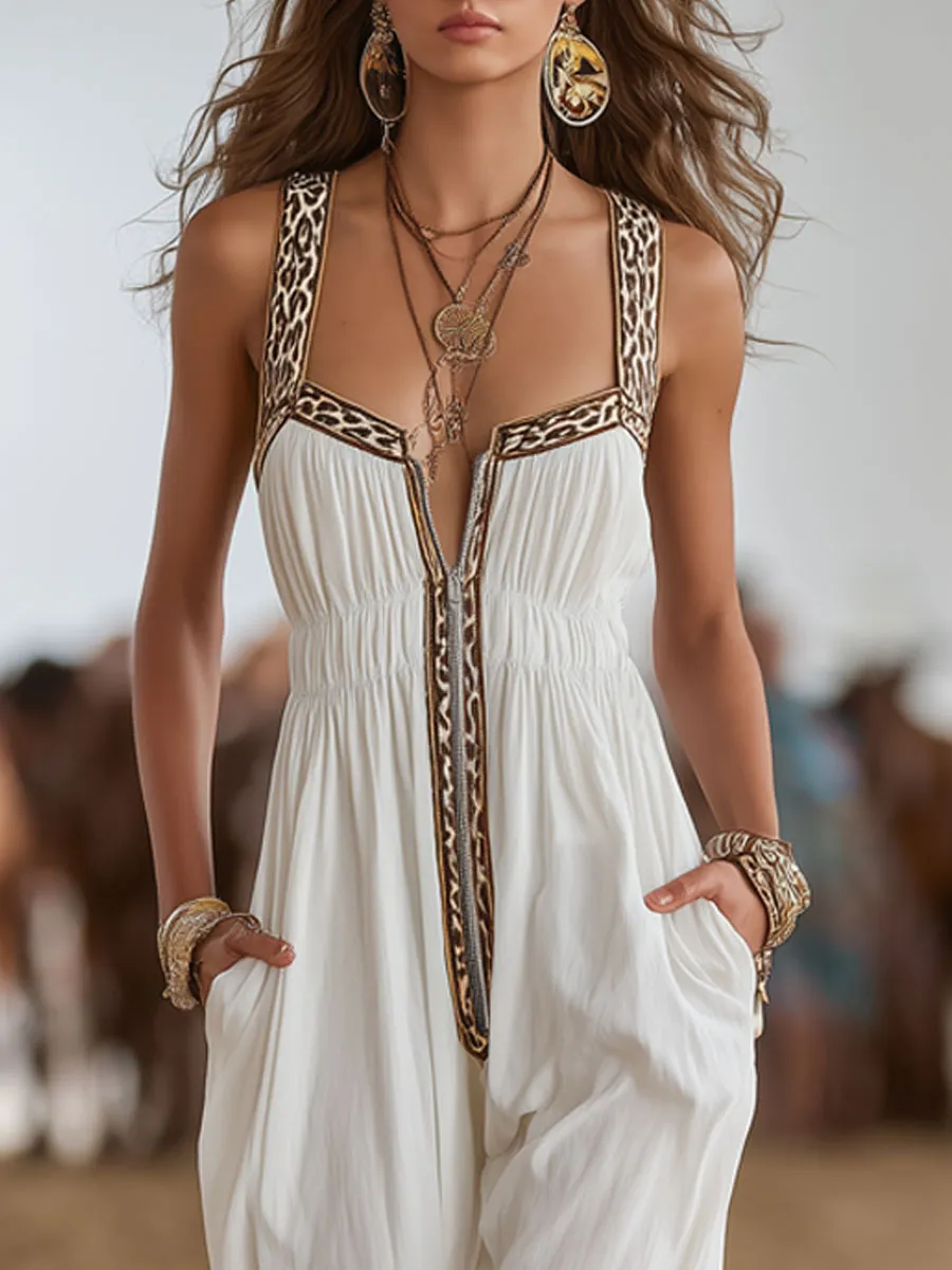 Western Retro Leopard Print Trim White Chiffon Sleeveless Jumpsuit sold by Oyrosy product image thumbnail 3