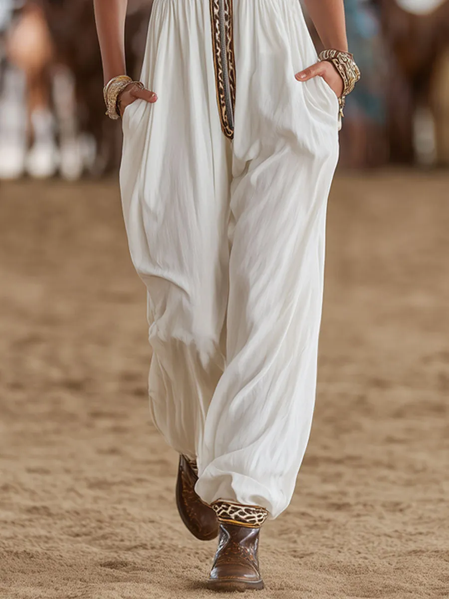 Western Retro Leopard Print Trim White Chiffon Sleeveless Jumpsuit sold by Oyrosy product image thumbnail 4