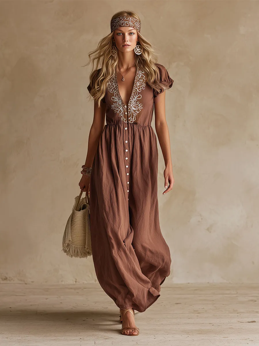 Retro Ethnic Style Embroidered Brown Cotton And Linen Short-sleeved Maxi Dress sold by Oyrosy product image thumbnail 2