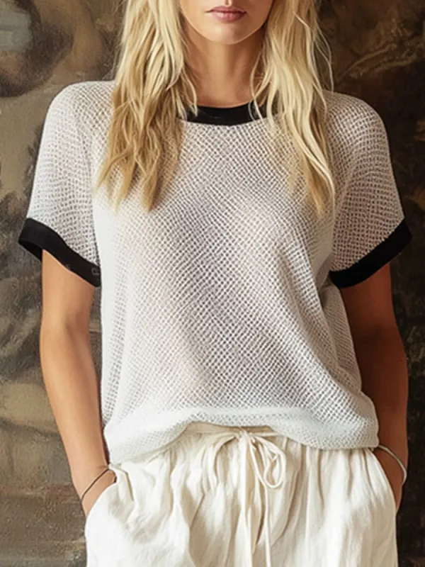 Color-blocked Crew Neck Mesh Knit Short-sleeved T-shirt made by Oyrosy