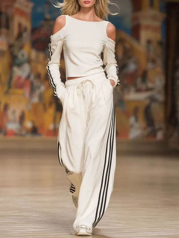 Sporty Off-the-shoulder Long-sleeved Top And Pants Set sold by Oyrosy