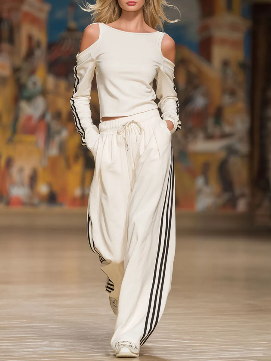 Sporty Off-the-shoulder Long-sleeved Top And Pants Set sold by Oyrosy