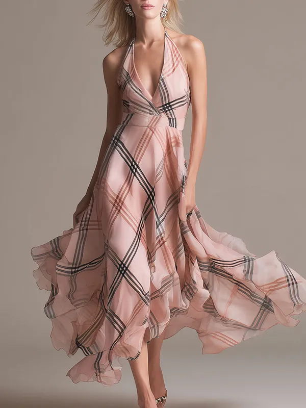 Stylish Retro Pink Checkered Halter-neck Chiffon Midi Dress sold by Oyrosy