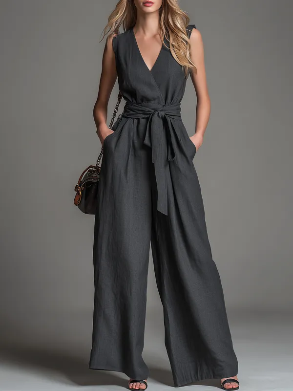 Elegant And Stylish V-neck Sleeveless Belted Wide-leg Jumpsuit sold by Oyrosy