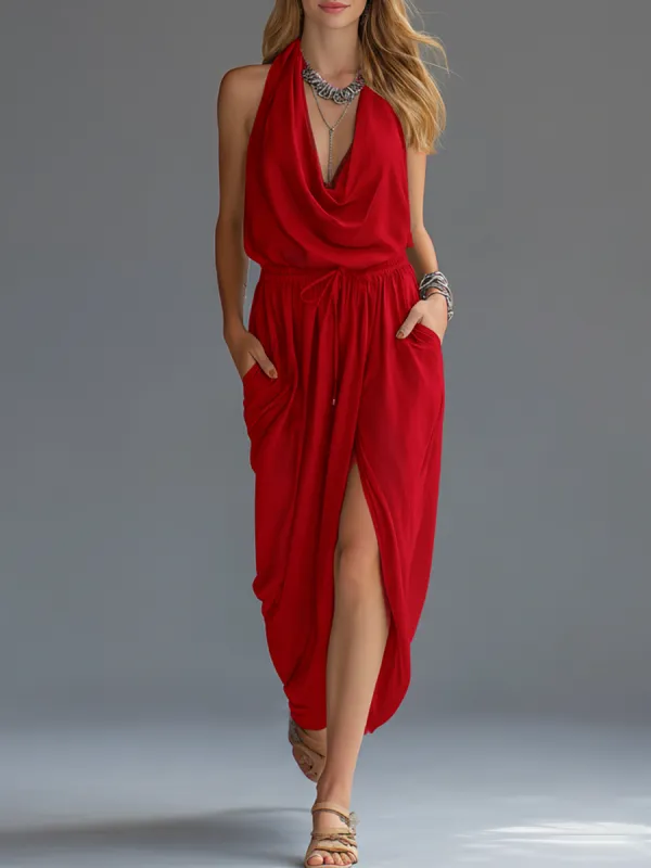 Elegant And Stylish Halter-neck Sleeveless Split Chiffon Midi Dress sold by Oyrosy