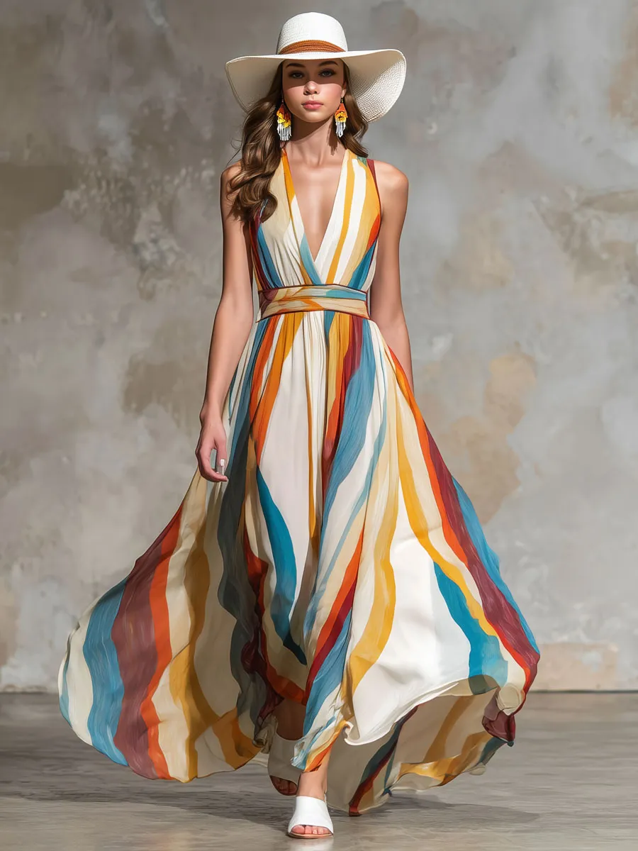 Vacation Retro Rainbow Striped Chiffon Sleeveless Maxi Dress sold by Oyrosy product image thumbnail 2