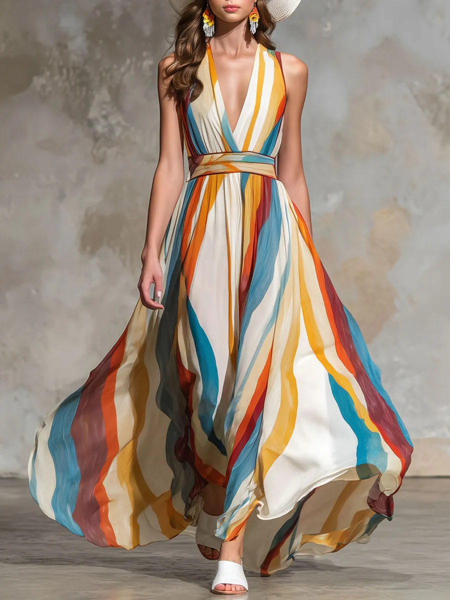 Vacation Retro Rainbow Striped Chiffon Sleeveless Maxi Dress sold by Oyrosy