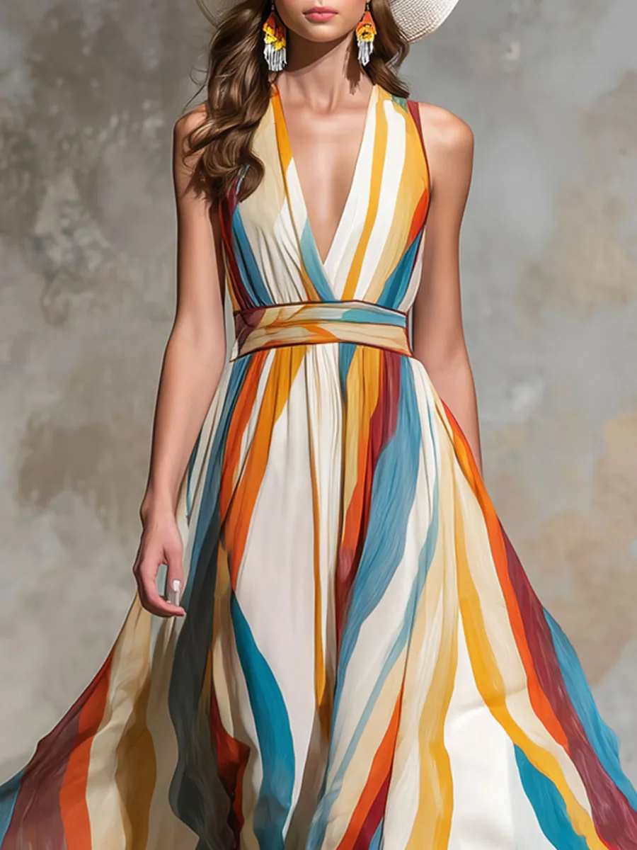 Vacation Retro Rainbow Striped Chiffon Sleeveless Maxi Dress sold by Oyrosy product image thumbnail 3