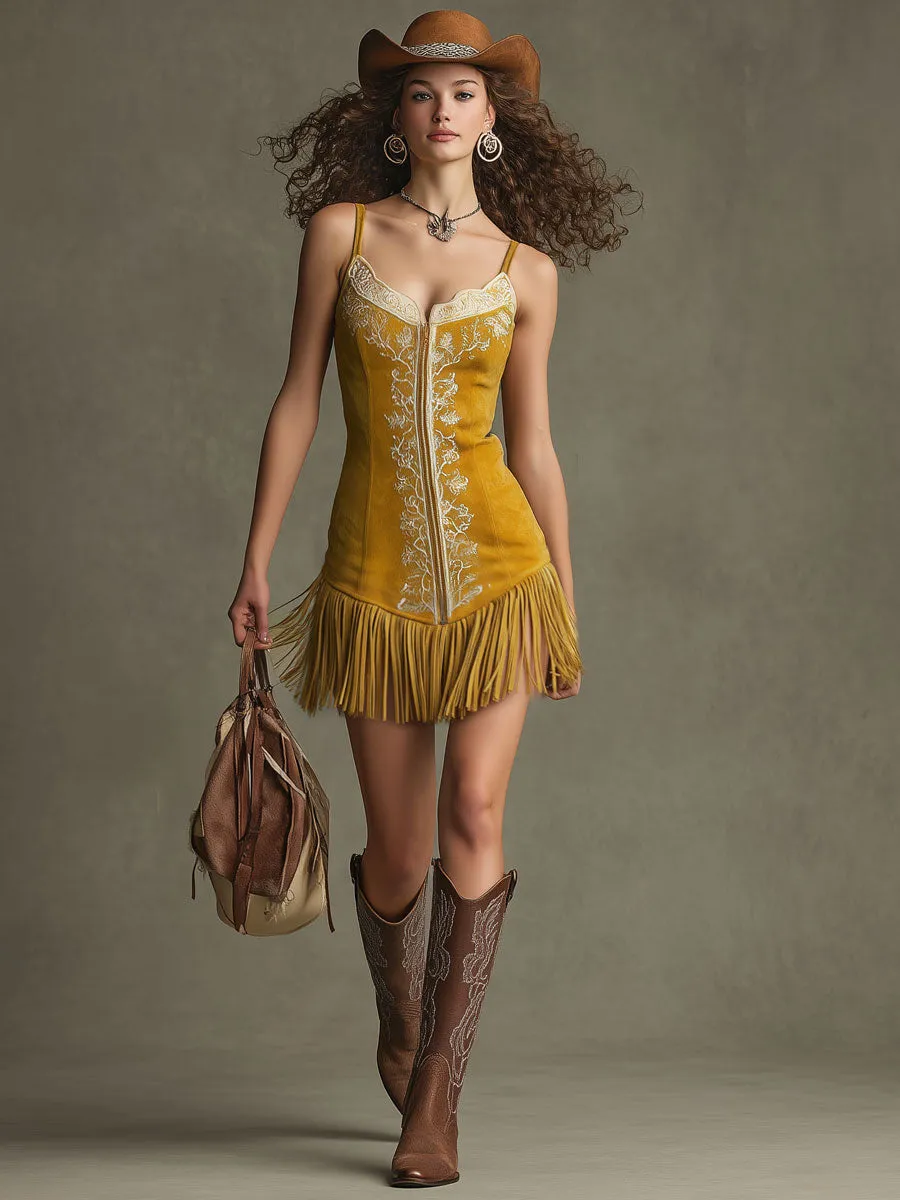 Western Retro Yellow Faux Suede Tassel Embroidered Sleeveless Mini Dress sold by Oyrosy product image thumbnail 2