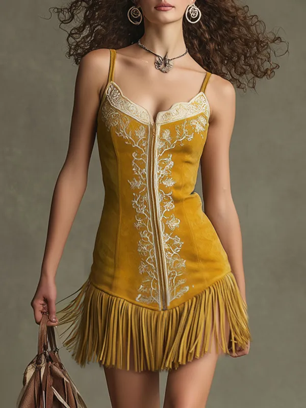 Western Retro Yellow Faux Suede Tassel Embroidered Sleeveless Mini Dress sold by Oyrosy