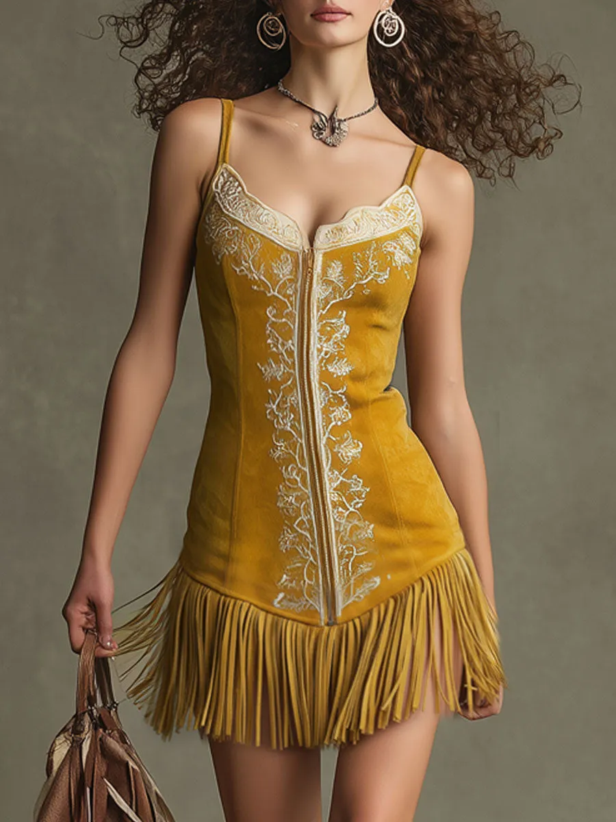 Western Retro Yellow Faux Suede Tassel Embroidered Sleeveless Mini Dress sold by Oyrosy