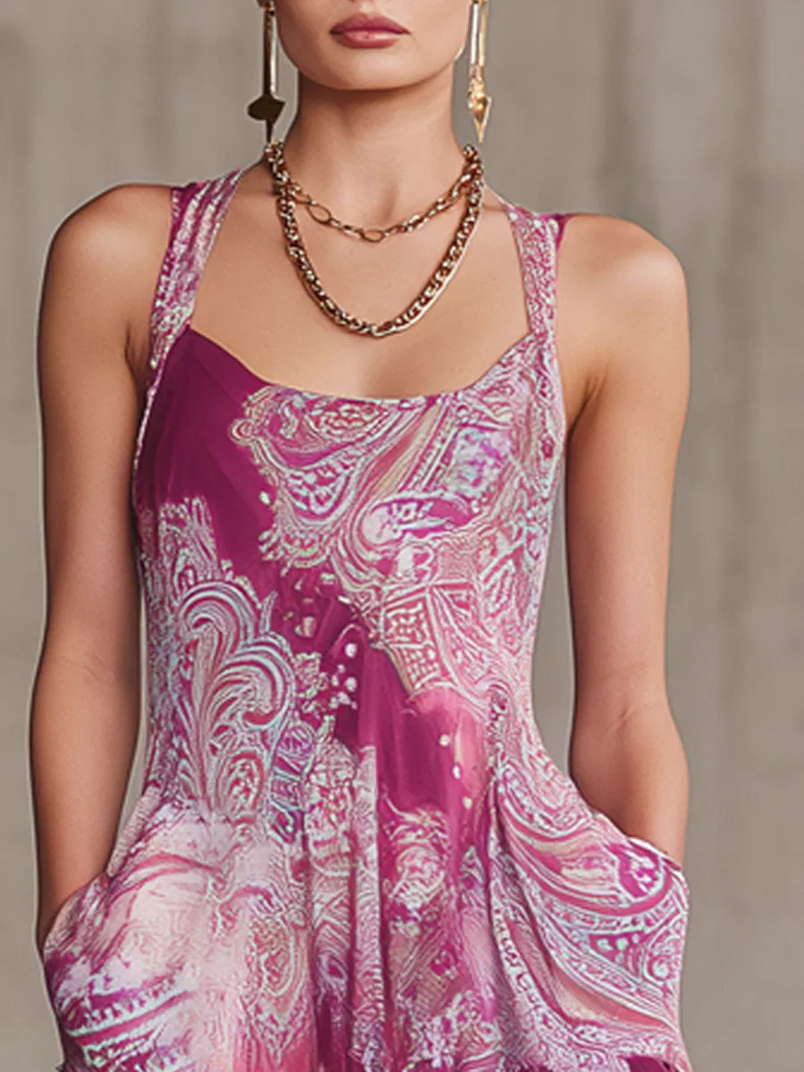 Fashionable Retro Paisley Print Purple Chiffon Ruffle Sleeveless Mini Dress sold by Oyrosy product image thumbnail 3
