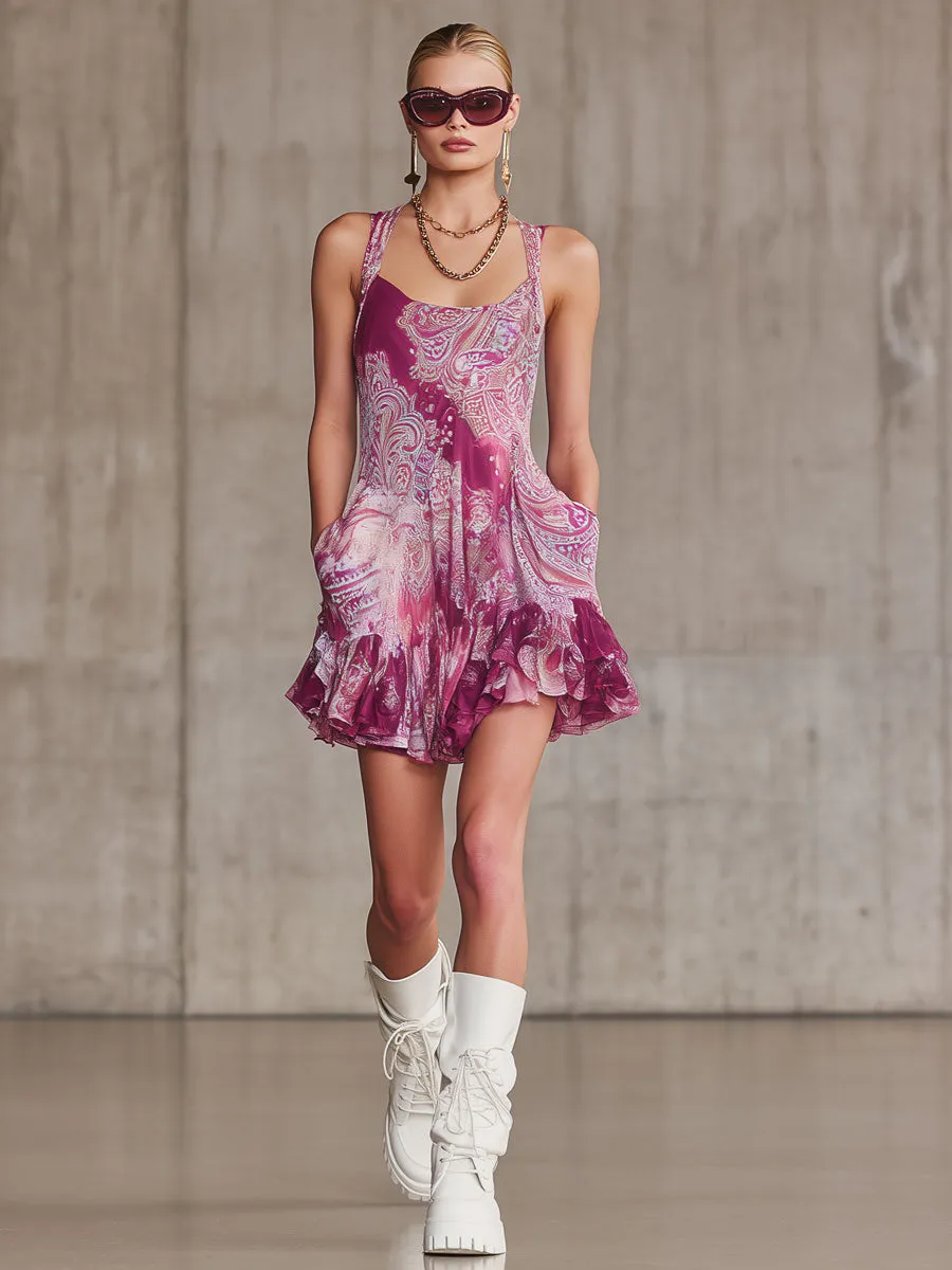 Fashionable Retro Paisley Print Purple Chiffon Ruffle Sleeveless Mini Dress sold by Oyrosy product image thumbnail 2