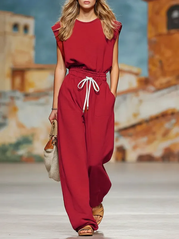 Sporty Style Round Neck Elastic Waist Double Pockets Sleeveless Jumpsuit sold by Oyrosy