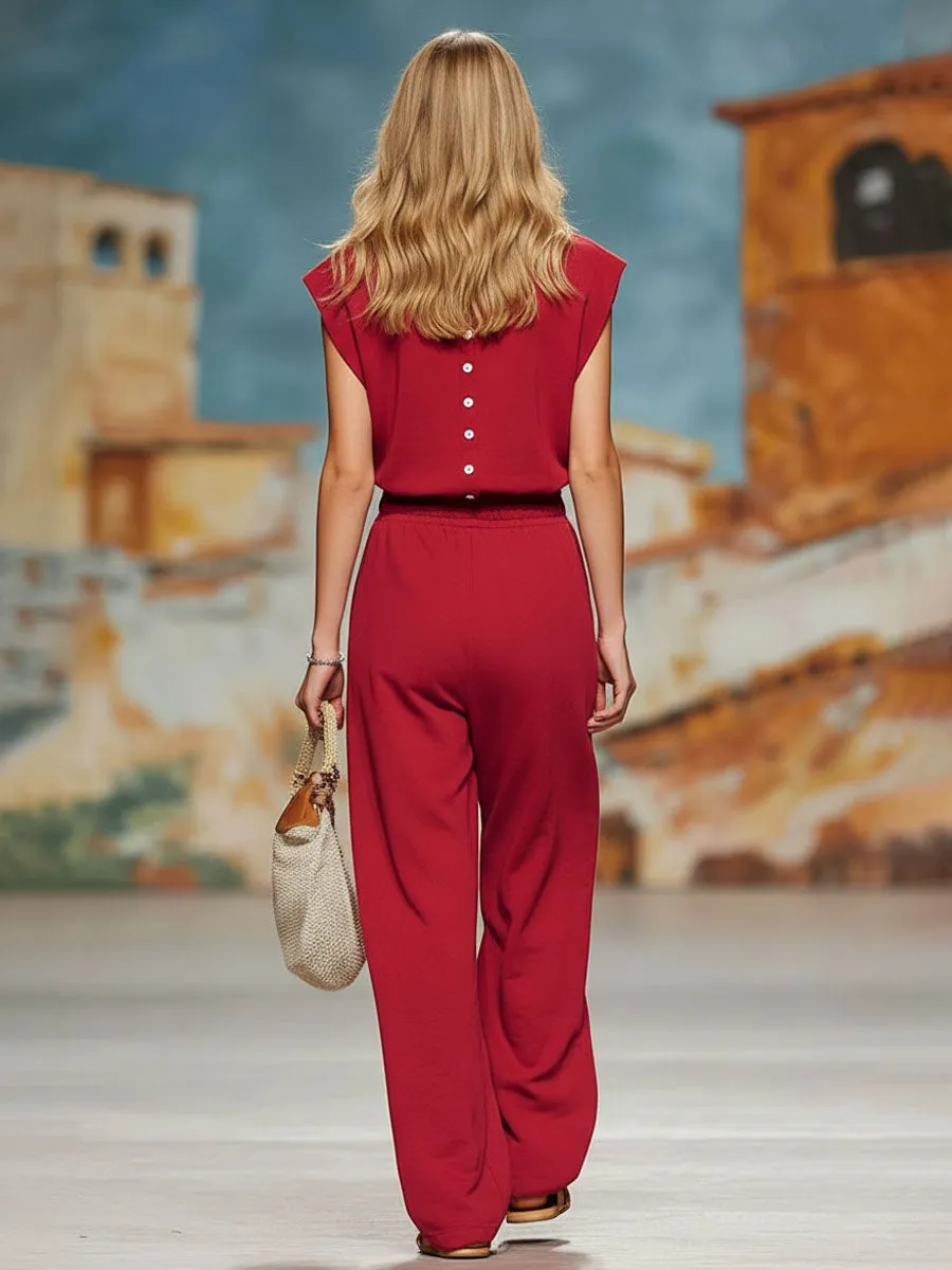 Sporty Style Round Neck Elastic Waist Double Pockets Sleeveless Jumpsuit sold by Oyrosy product image thumbnail 2