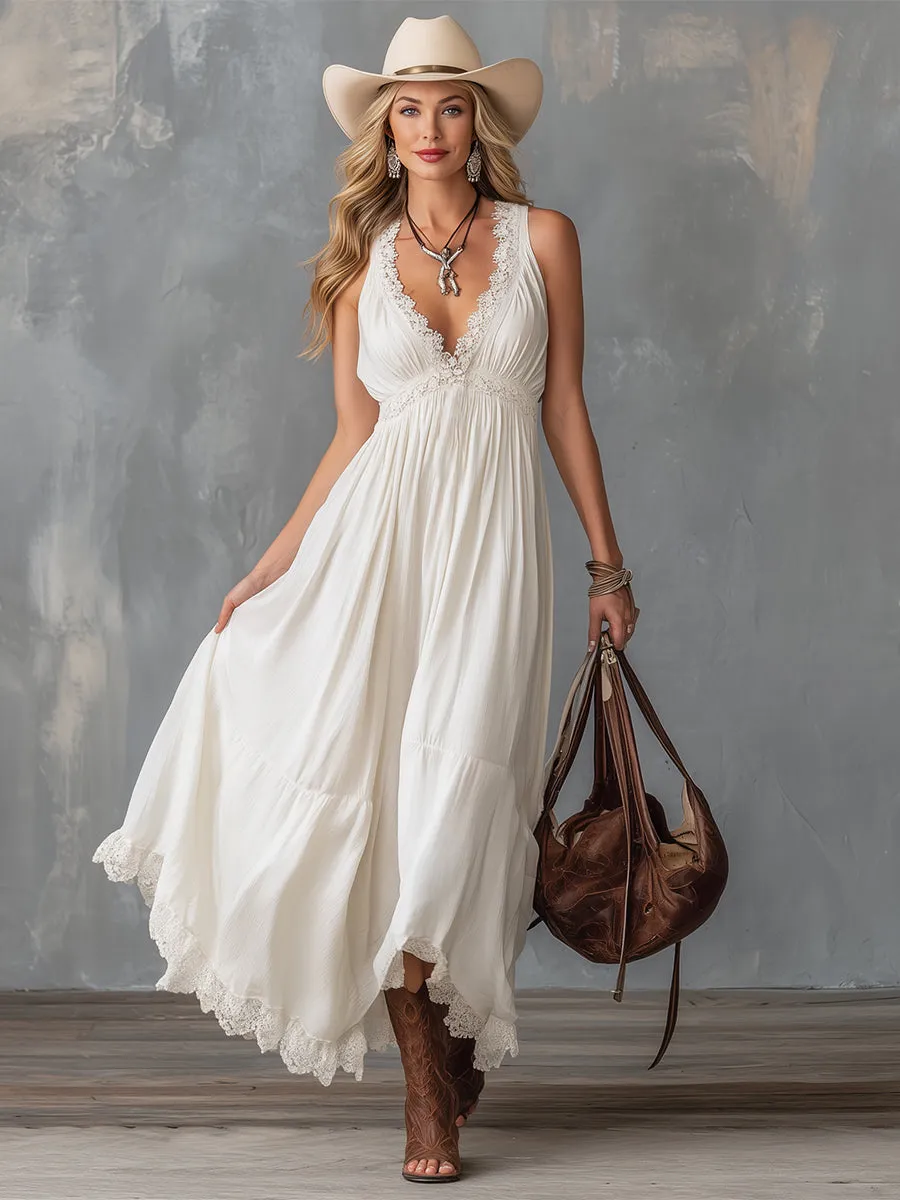 Exquisite Lace Trim White Chiffon V-neck Sleeveless Maxi Dress sold by Oyrosy product image thumbnail 2