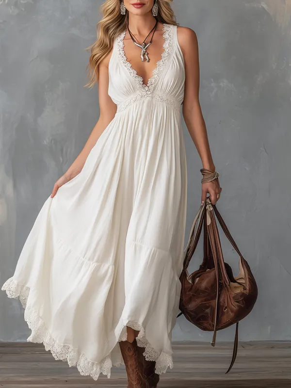 Exquisite Lace Trim White Chiffon V-neck Sleeveless Maxi Dress sold by Oyrosy