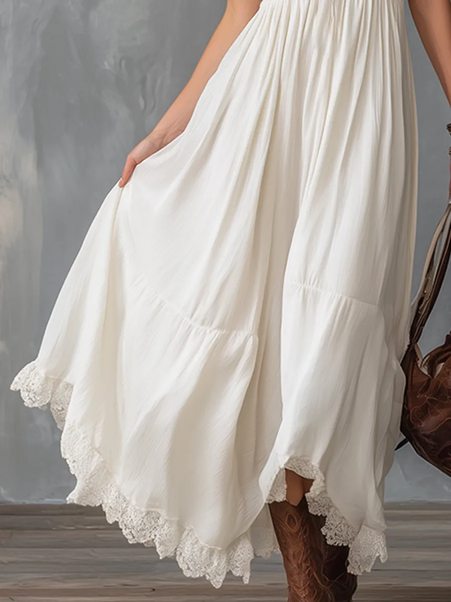 Exquisite Lace Trim White Chiffon V-neck Sleeveless Maxi Dress sold by Oyrosy product image thumbnail 4