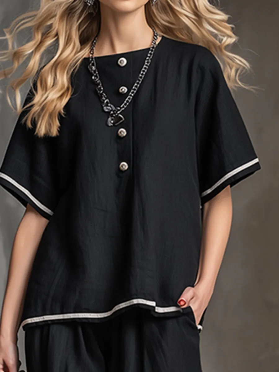 Elegant And Casual Trimmed Edges Black Cotton And Linen Loose-fitting T-shirt And Pants Set sold by Oyrosy product image thumbnail 3