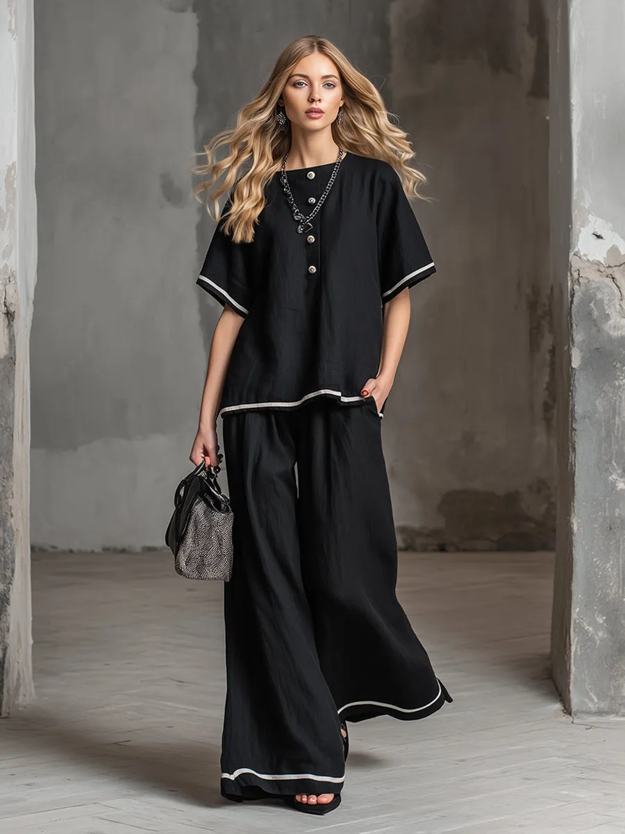 Elegant And Casual Trimmed Edges Black Cotton And Linen Loose-fitting T-shirt And Pants Set sold by Oyrosy product image thumbnail 2