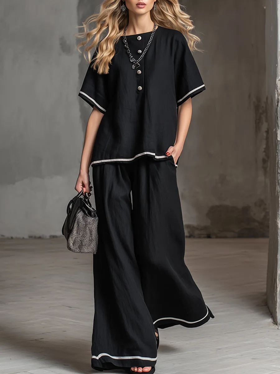 Elegant And Casual Trimmed Edges Black Cotton And Linen Loose-fitting T-shirt And Pants Set sold by Oyrosy