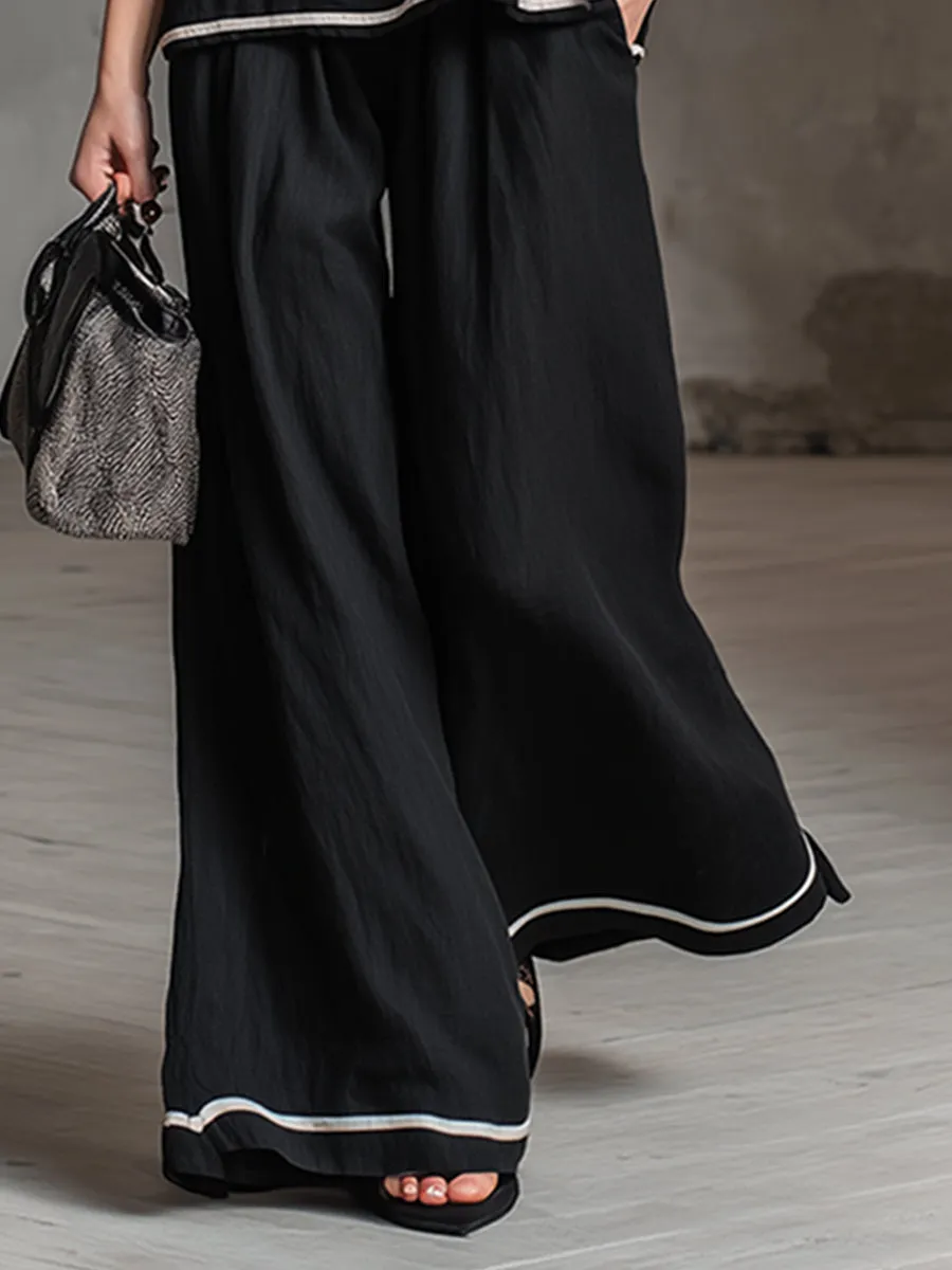 Elegant And Casual Trimmed Edges Black Cotton And Linen Loose-fitting T-shirt And Pants Set sold by Oyrosy product image thumbnail 4