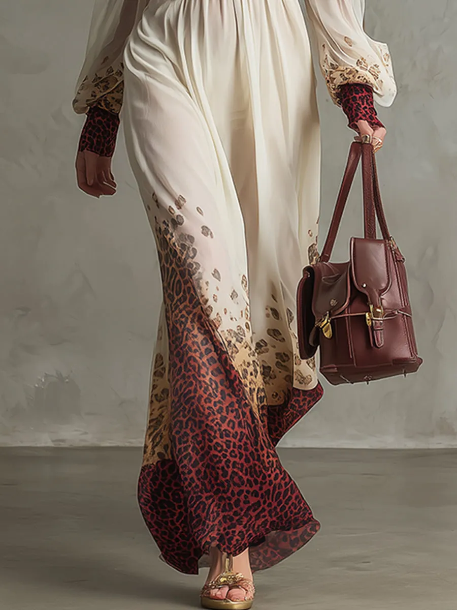 Elegant Vacation-style Printed Off-white Chiffon Off-the-shoulder Long-sleeved Maxi Dress sold by Oyrosy product image thumbnail 4