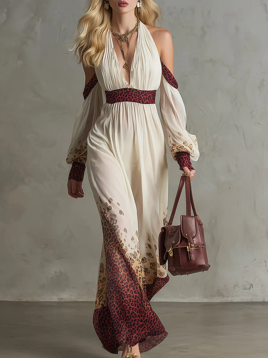 Elegant Vacation-style Printed Off-white Chiffon Off-the-shoulder Long-sleeved Maxi Dress sold by Oyrosy