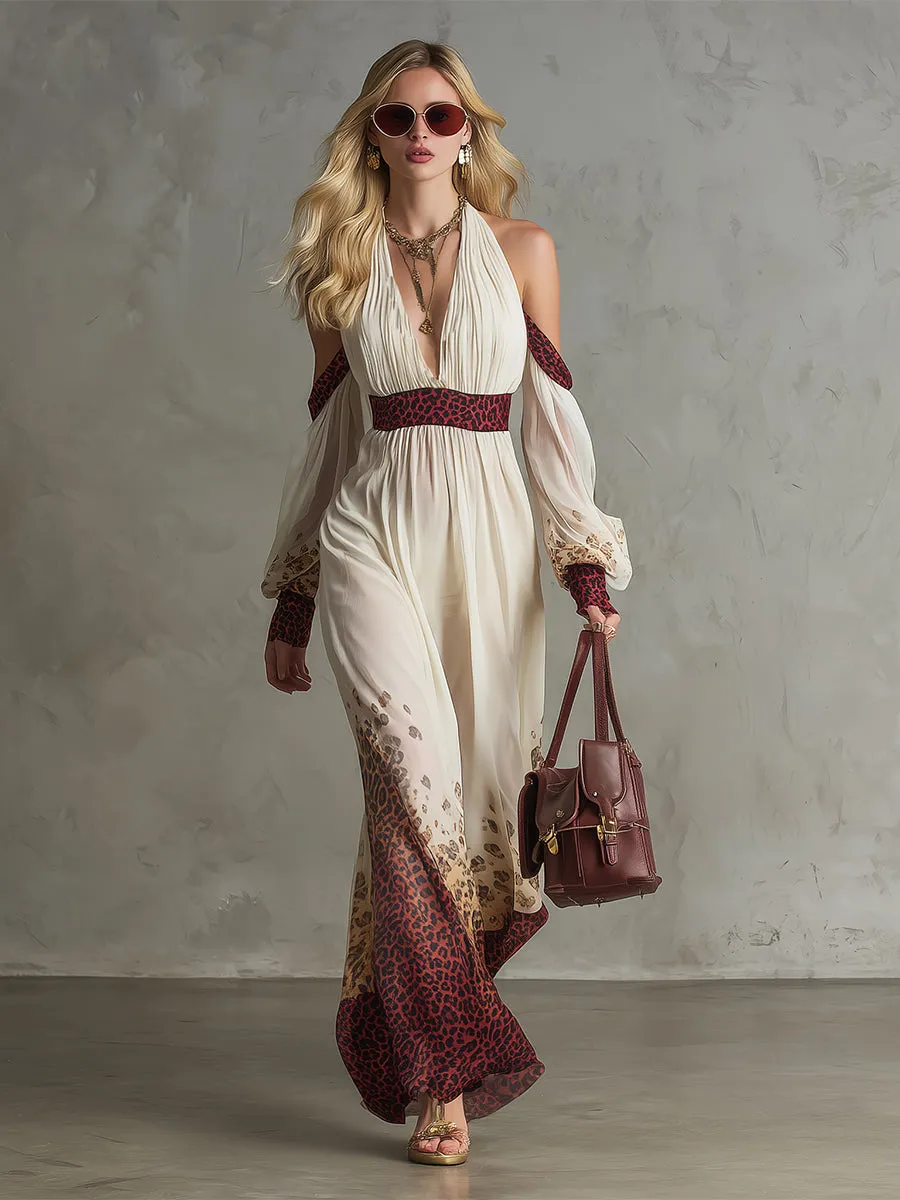 Elegant Vacation-style Printed Off-white Chiffon Off-the-shoulder Long-sleeved Maxi Dress sold by Oyrosy product image thumbnail 2
