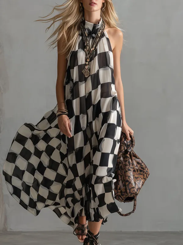 Elegant And Classic Halter-neck Checkered Print Chiffon Maxi Dress sold by Oyrosy