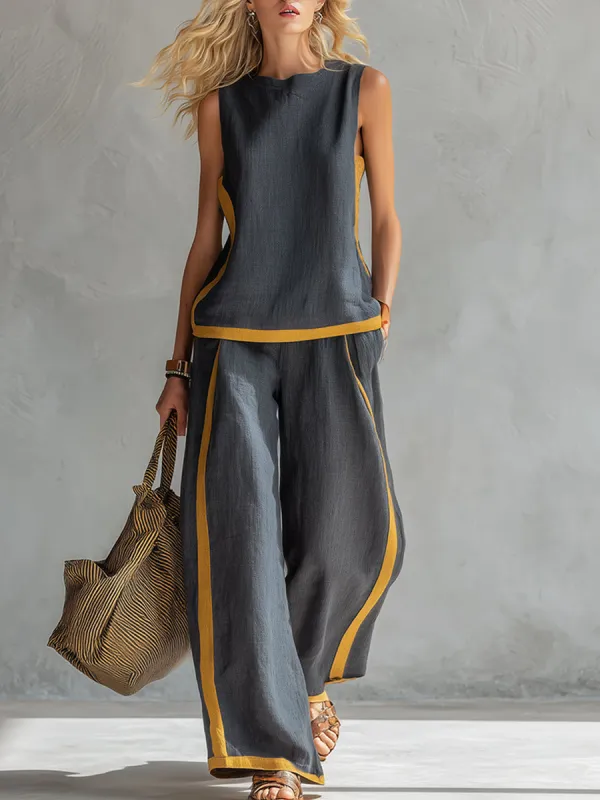 Elegant And Casual Two-tone Trim Gray Cotton And Linen Vest And Pants Set sold by Oyrosy