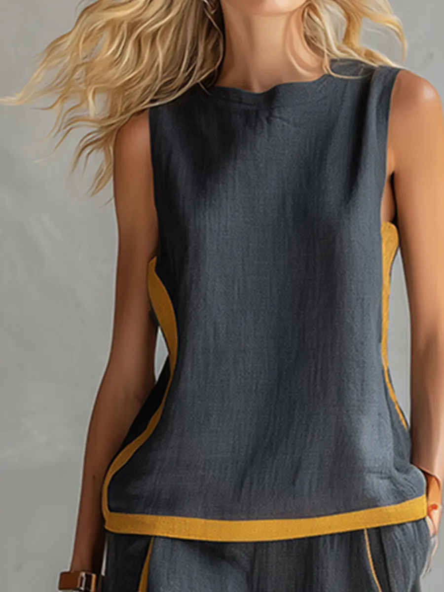 Elegant And Casual Two-tone Trim Gray Cotton And Linen Vest And Pants Set sold by Oyrosy product image thumbnail 3