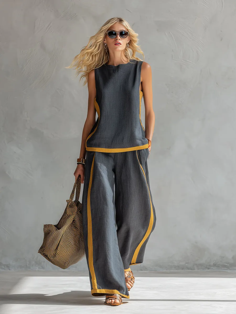 Elegant And Casual Two-tone Trim Gray Cotton And Linen Vest And Pants Set sold by Oyrosy product image thumbnail 2