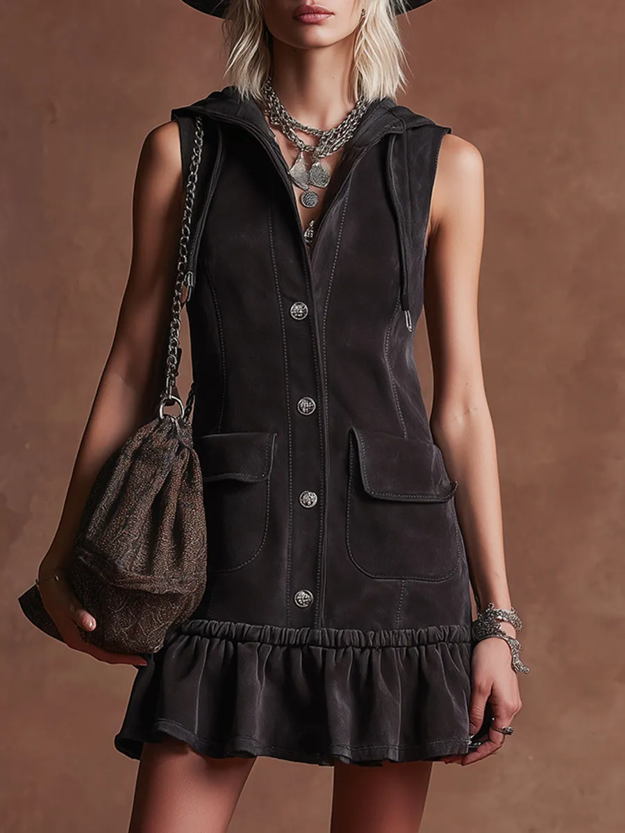 Stylish Retro Black Faux Suede Hooded Ruffled Sleeveless Mini Dress sold by Oyrosy
