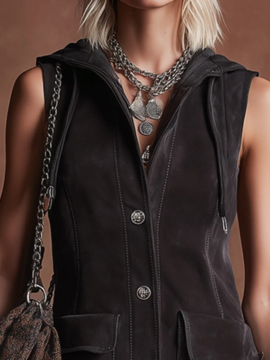 Stylish Retro Black Faux Suede Hooded Ruffled Sleeveless Mini Dress sold by Oyrosy product image thumbnail 3