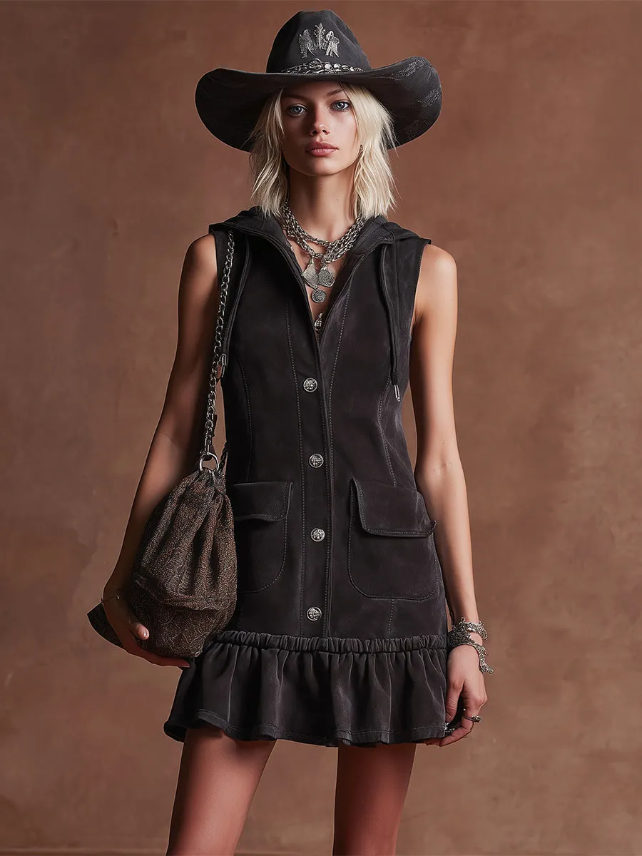 Stylish Retro Black Faux Suede Hooded Ruffled Sleeveless Mini Dress sold by Oyrosy product image thumbnail 2