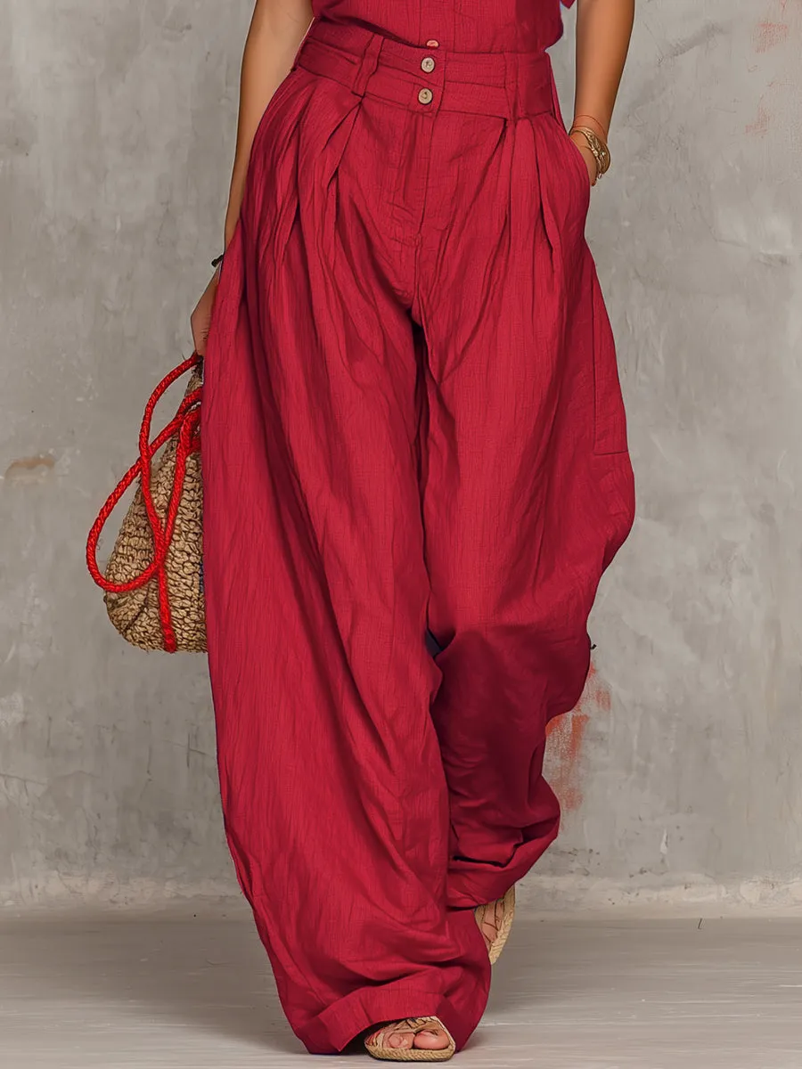 Retro Solid Color V-neck Short-sleeved Top And Wide-leg Pants Set sold by Oyrosy product image thumbnail 4