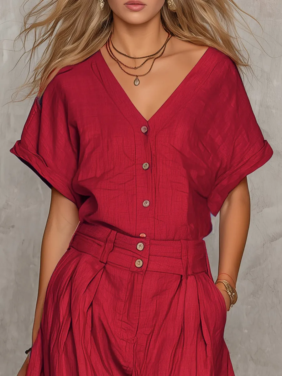 Retro Solid Color V-neck Short-sleeved Top And Wide-leg Pants Set sold by Oyrosy product image thumbnail 3