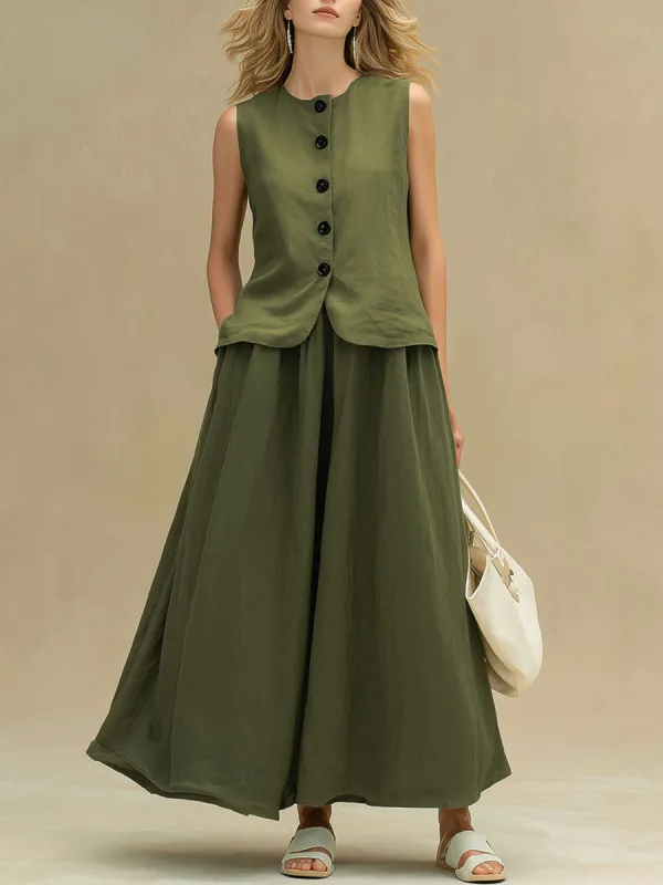 Stylish And Casual Green Sleeveless Top And Skirt Set made by Oyrosy