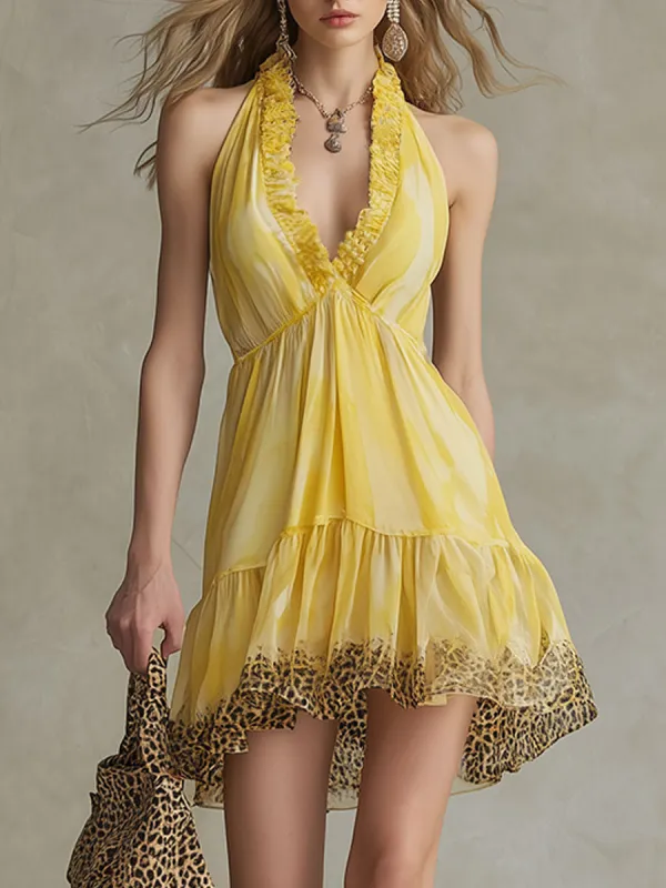 Vacation-style Retro Leopard Print Trim Yellow Halter Neck V-neck Chiffon Mini Dress sold by Oyrosy