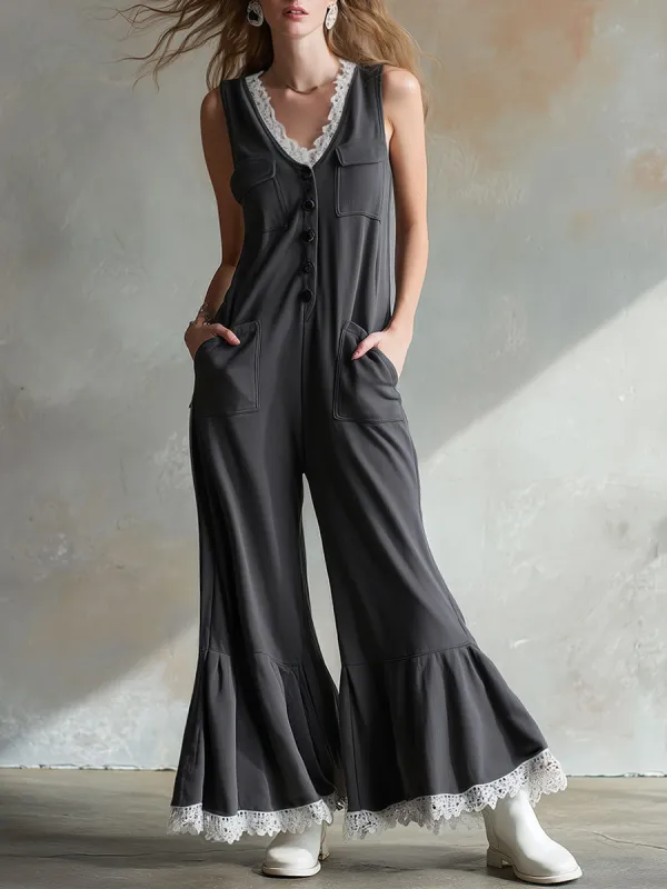 Casual Retro White Lace Dark Gray Cotton Blend Button Sleeveless Jumpsuit sold by Oyrosy