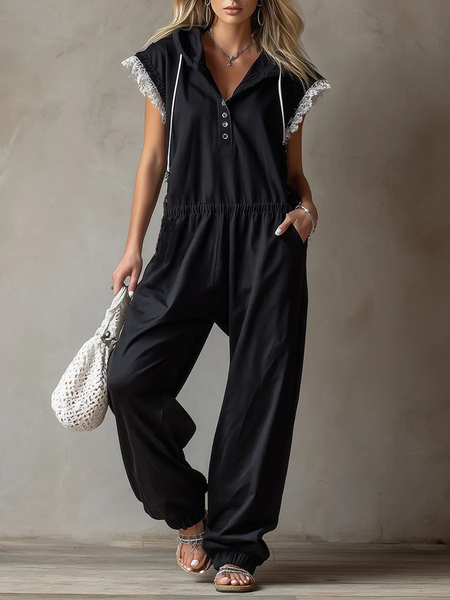 Casual Retro White Lace Black Cotton Blend Button Short-sleeved Jumpsuit sold by Oyrosy