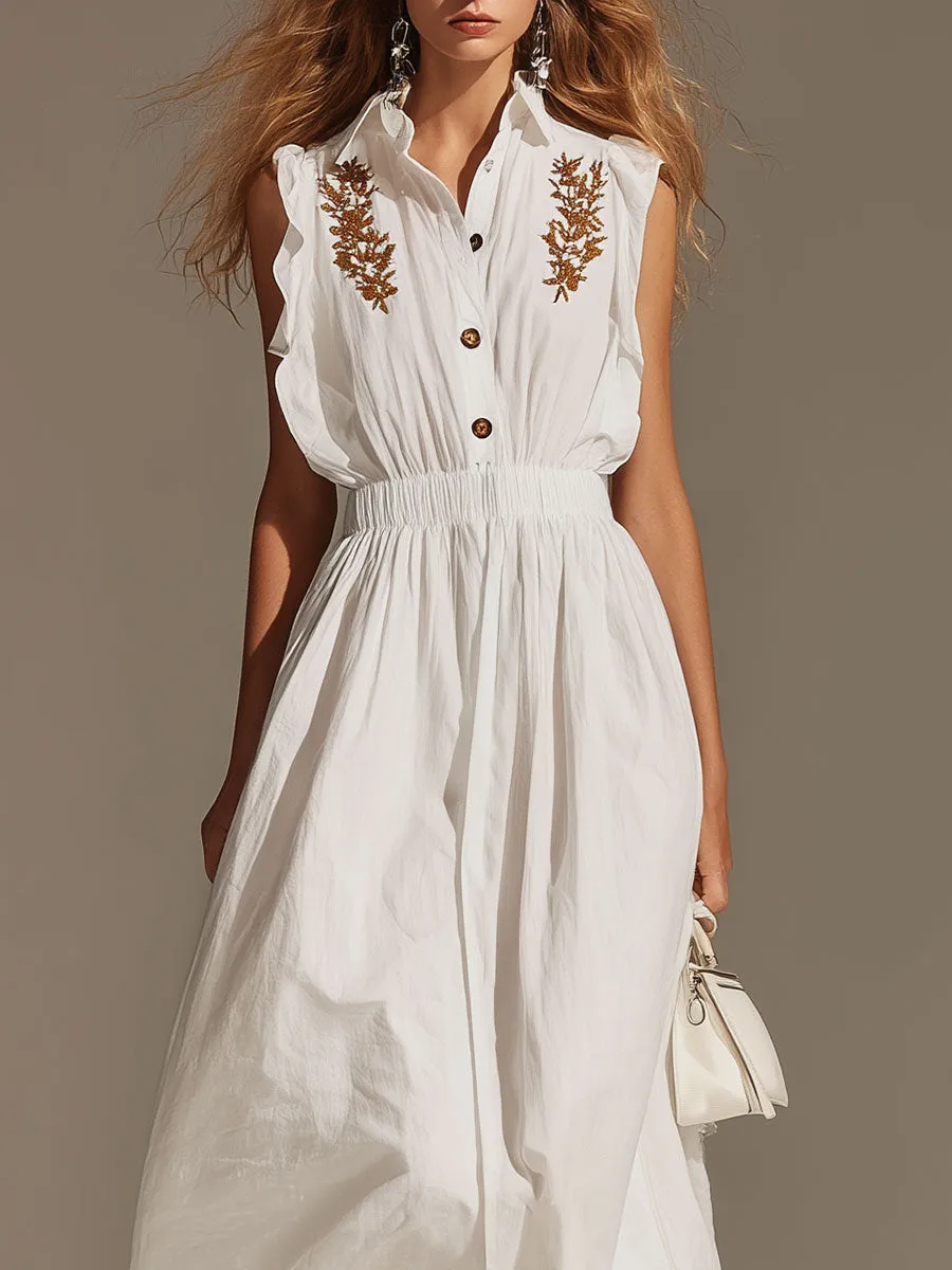 Elegant Vintage-style Embroidered White Sleeveless Cotton-blend Maxi Dress sold by Oyrosy product image thumbnail 3