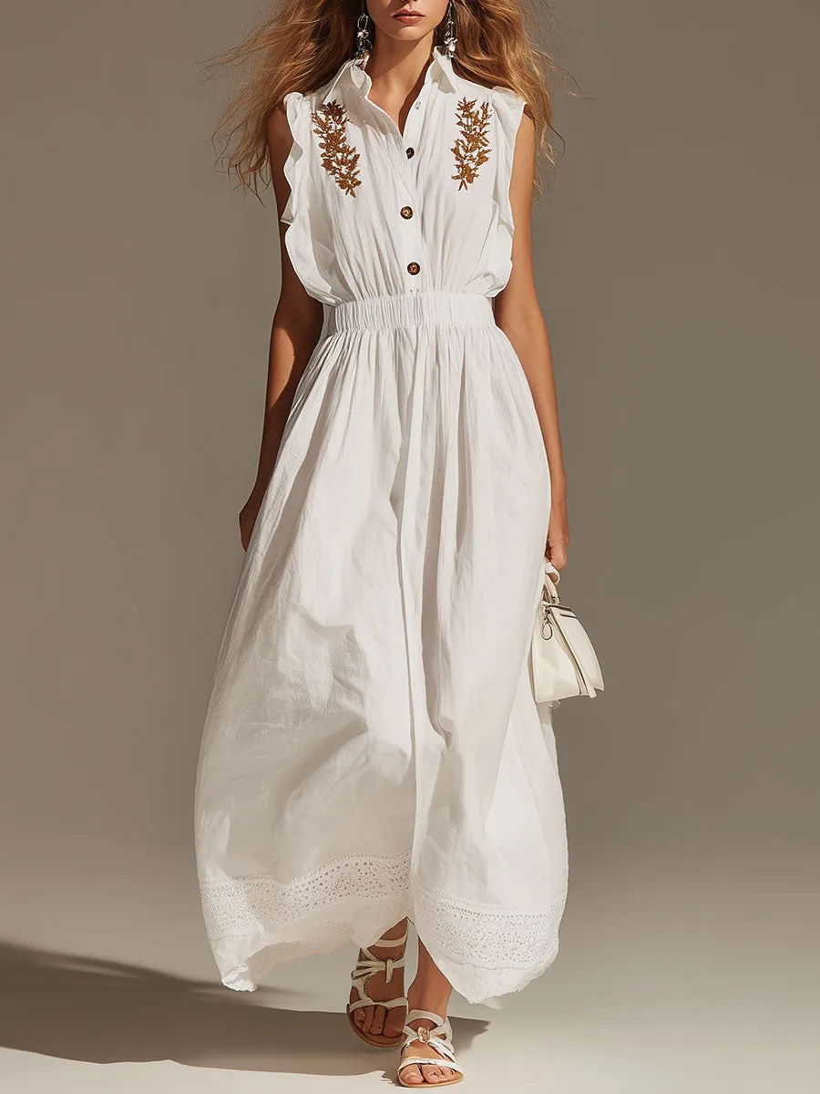 Elegant Vintage-style Embroidered White Sleeveless Cotton-blend Maxi Dress sold by Oyrosy